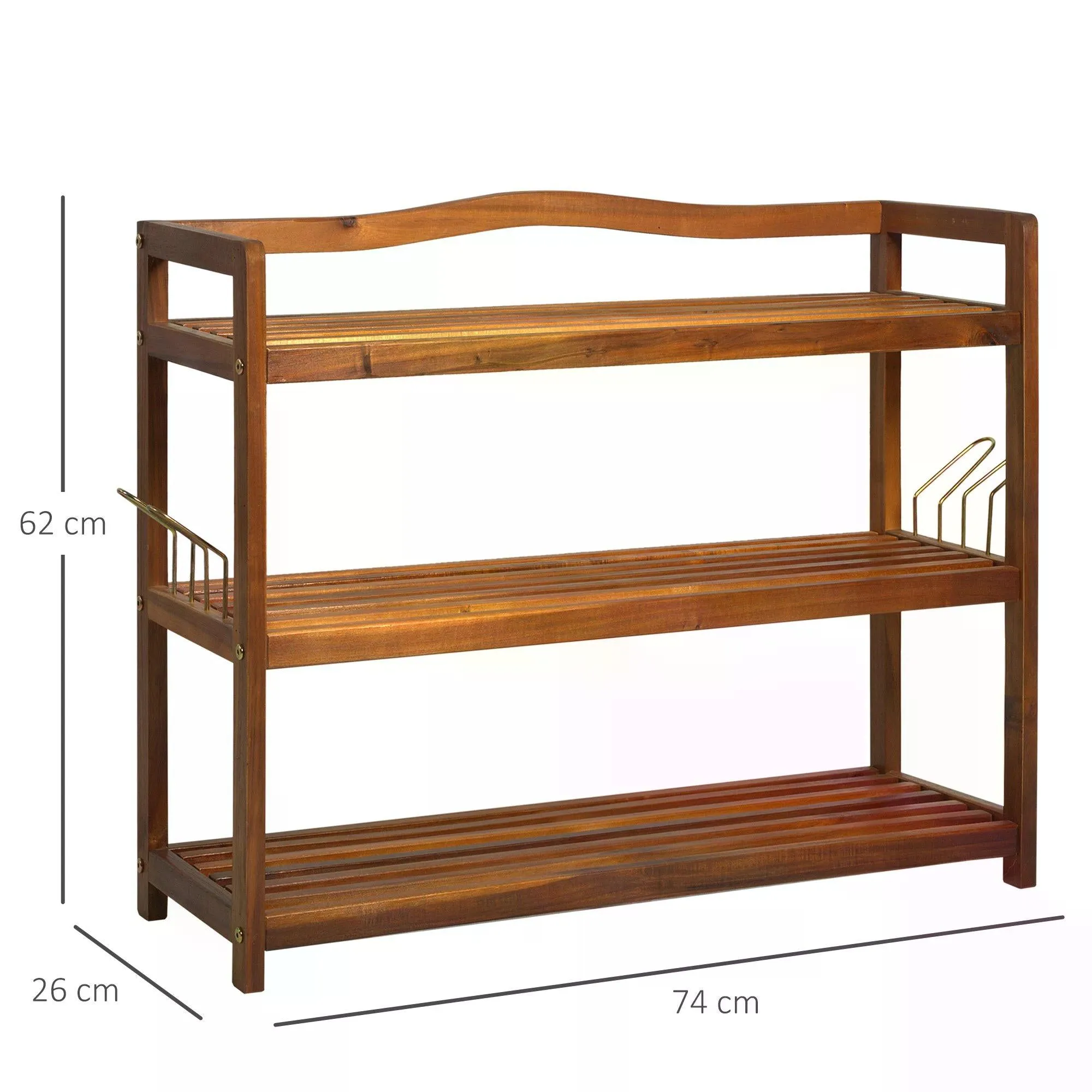 3-Tier Shoe Rack Acacia Wooden Shoe Storage Organiser with 2 Hangers Holds up to 12 Pairs for Entryway Living Room 74 x 26 x 62 cm Teak
