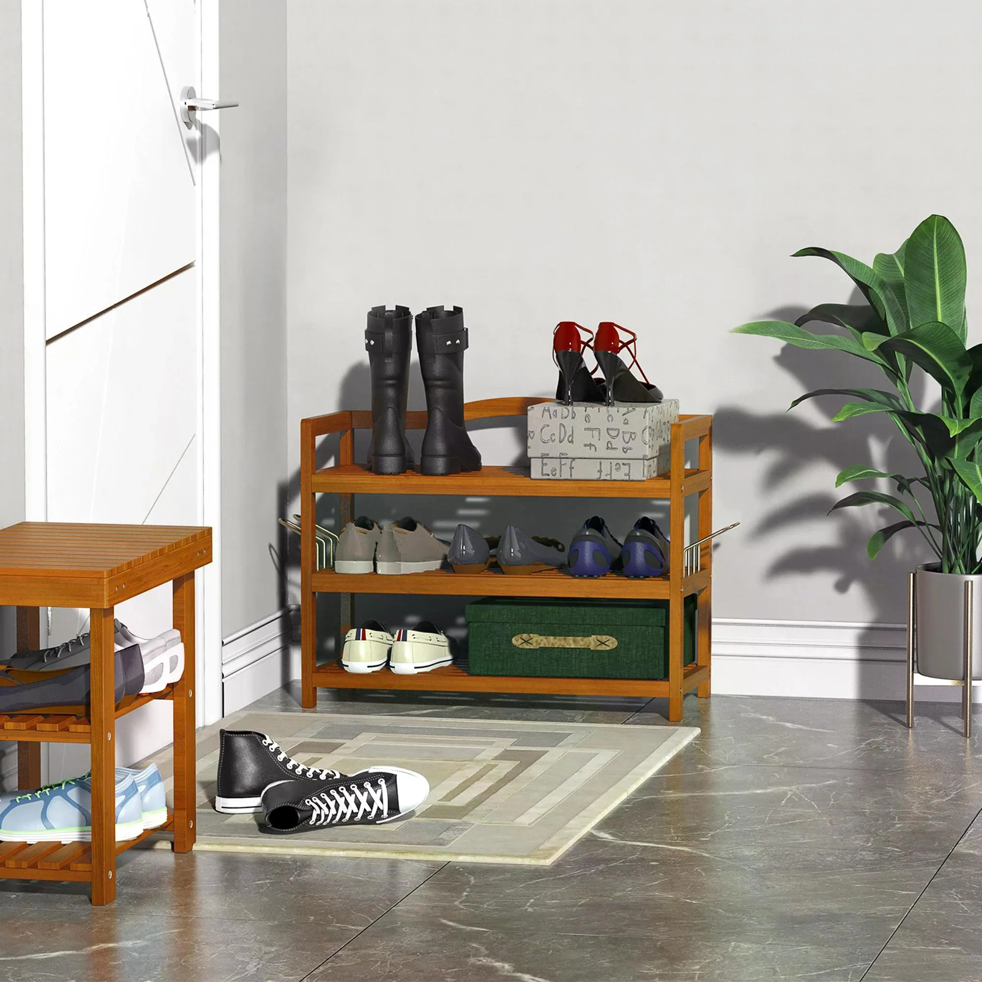 3-Tier Shoe Rack Acacia Wooden Shoe Storage Organiser with 2 Hangers Holds up to 12 Pairs for Entryway Living Room 74 x 26 x 62 cm Teak