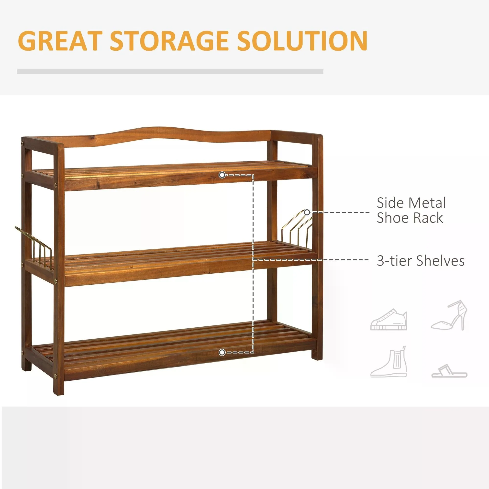 3-Tier Shoe Rack Acacia Wooden Shoe Storage Organiser with 2 Hangers Holds up to 12 Pairs for Entryway Living Room 74 x 26 x 62 cm Teak
