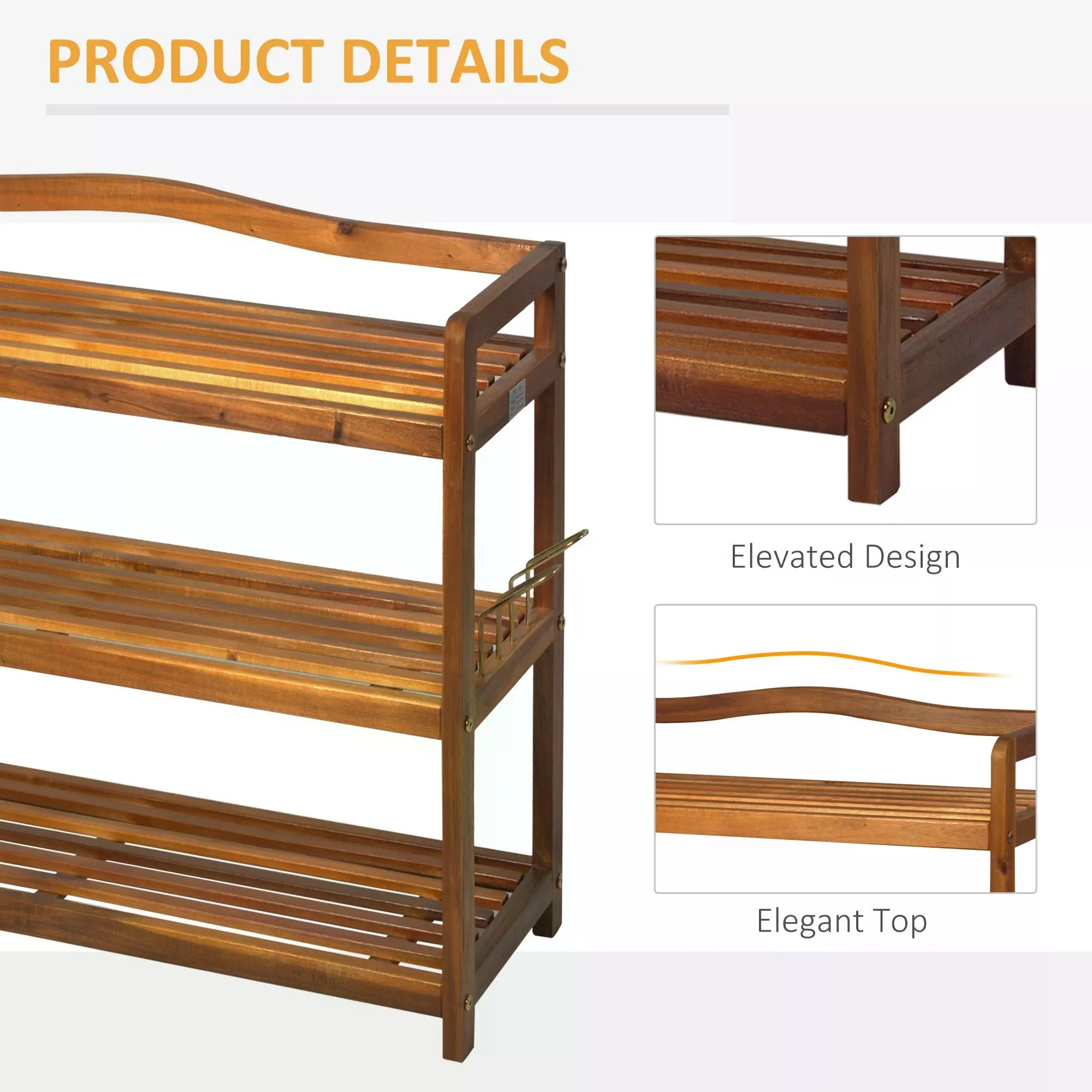 3-Tier Shoe Rack Acacia Wooden Shoe Storage Organiser with 2 Hangers Holds up to 12 Pairs for Entryway Living Room 74 x 26 x 62 cm Teak