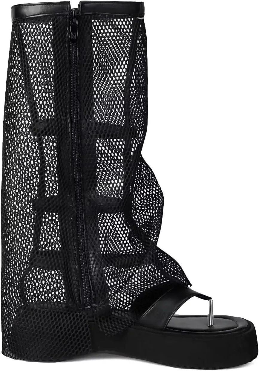 Agodor Mesh Gladiator Sandals For Women Peep Toe Platform Knee High Sandal For Women Side Zipper Summer Booties
