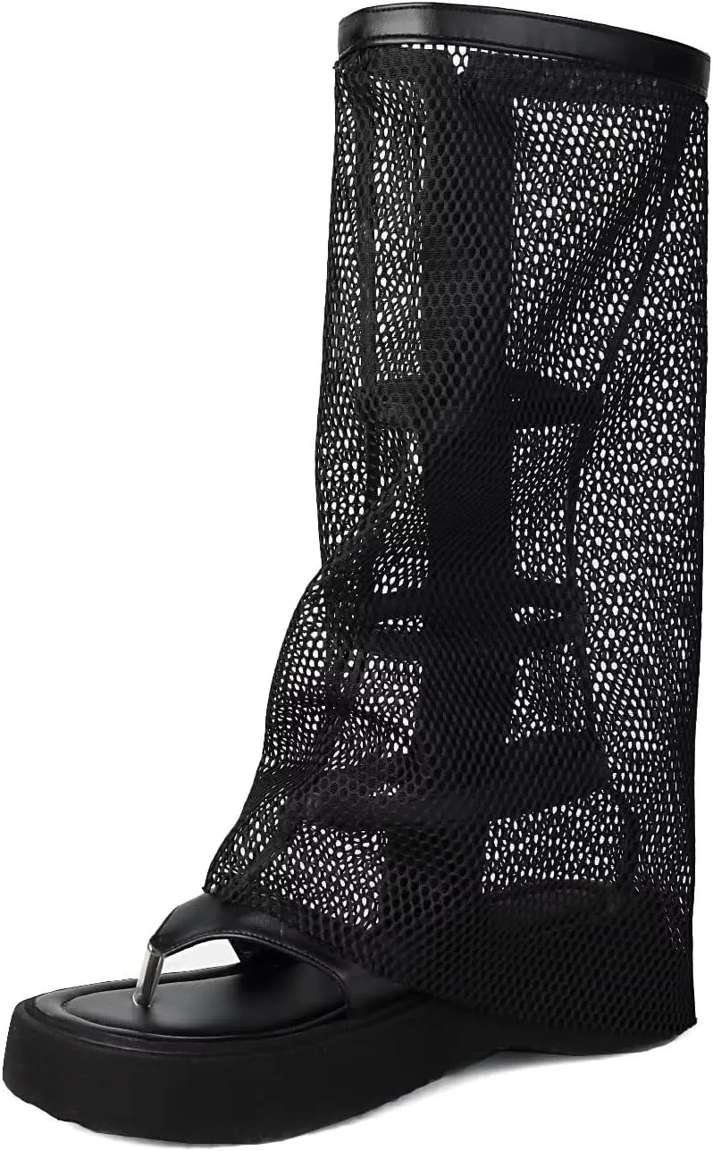 Agodor Mesh Gladiator Sandals For Women Peep Toe Platform Knee High Sandal For Women Side Zipper Summer Booties