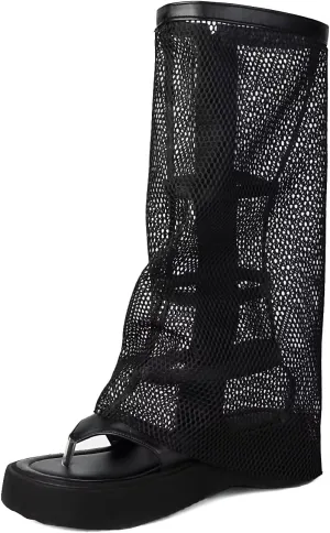 Agodor Mesh Gladiator Sandals For Women Peep Toe Platform Knee High Sandal For Women Side Zipper Summer Booties