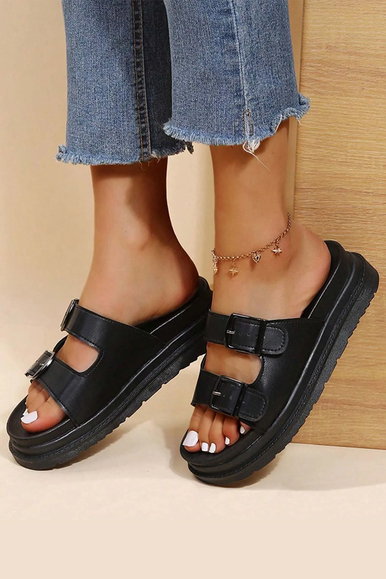 Amozae-Buckle Platform Slide Sandals
