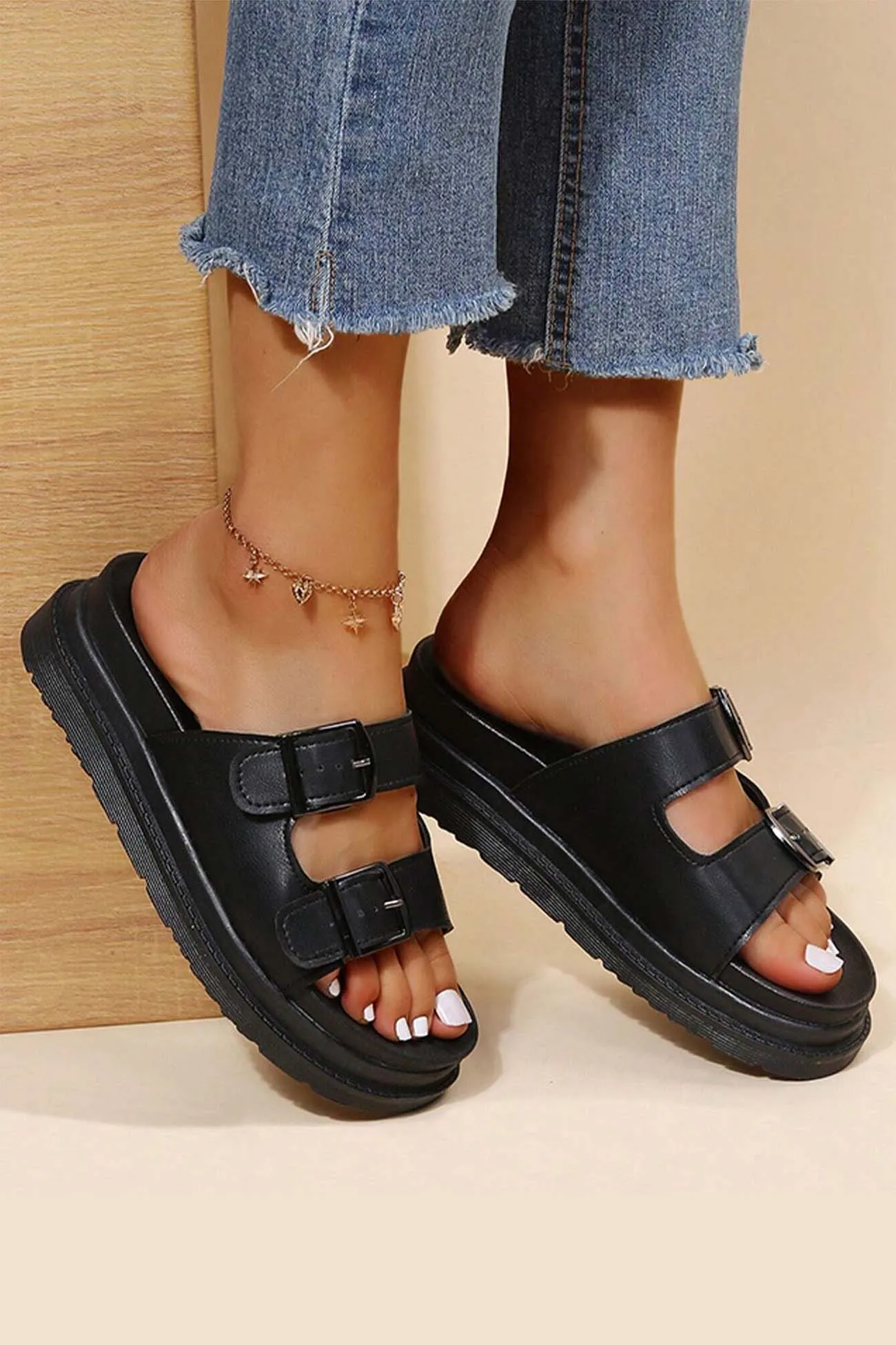 Amozae-Buckle Platform Slide Sandals