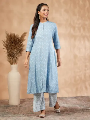 Blue Printed A-Line Kurta Set