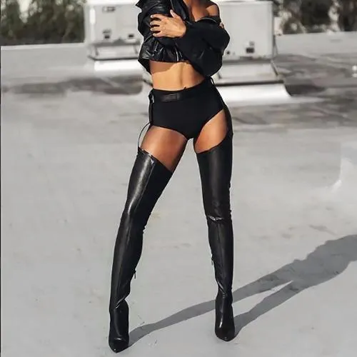 Chicvane PU Pointed Toe Stiletto Heel Over The Knee Boots Trousers Side Zipper Boots With Buckle