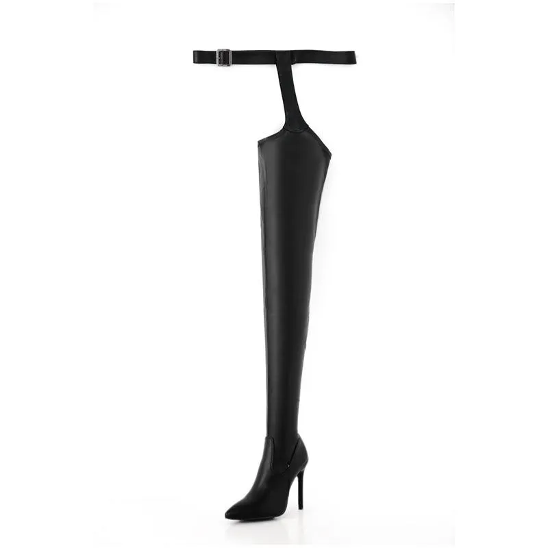 Chicvane PU Pointed Toe Stiletto Heel Over The Knee Boots Trousers Side Zipper Boots With Buckle