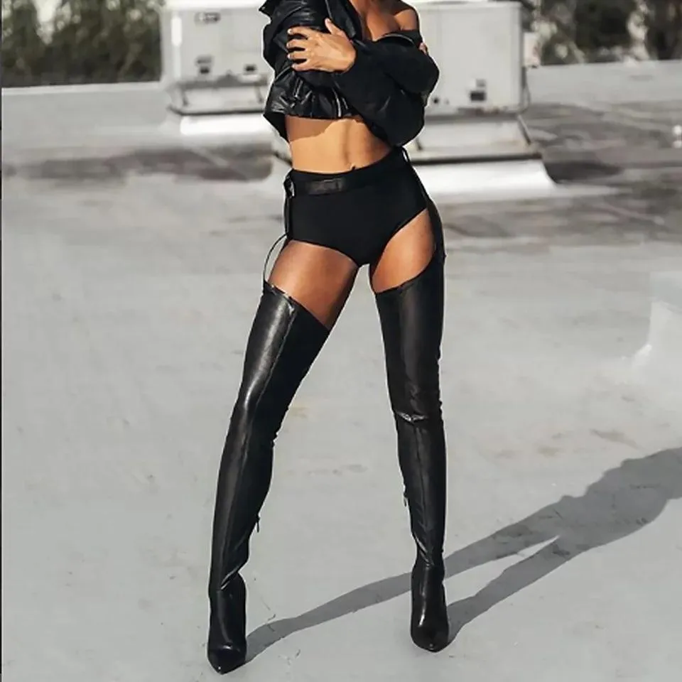 Chicvane PU Pointed Toe Stiletto Heel Over The Knee Boots Trousers Side Zipper Boots With Buckle