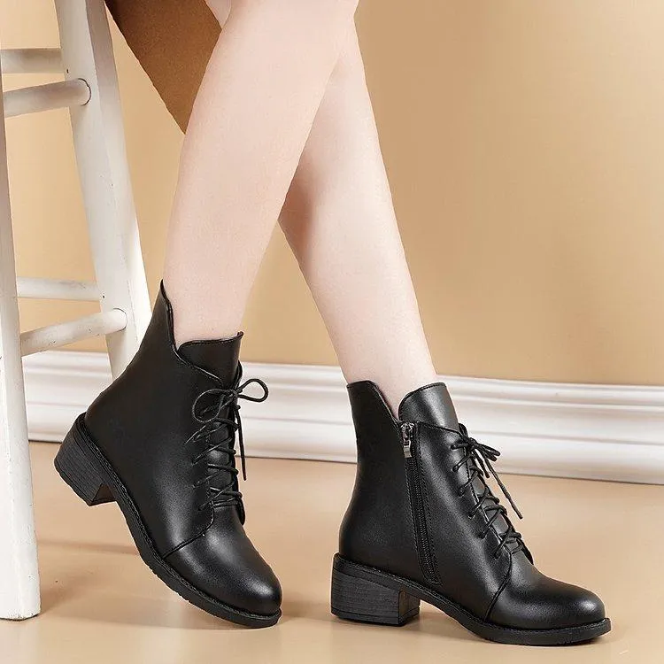 Chicvane Womens Lace Up Chunky Heel Round Toe Boots For Women