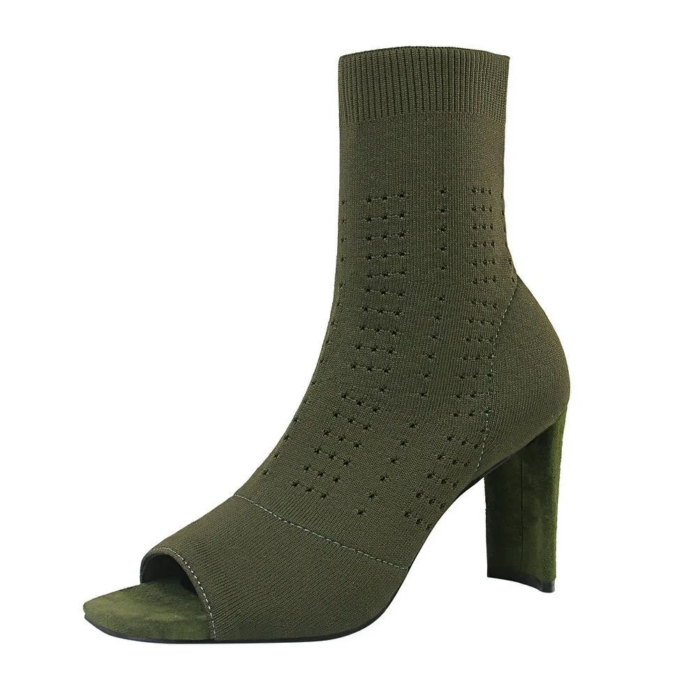 Chicvane Womens Mesh Woolen Peep Toe Chunky Heel Mid Calf Boots