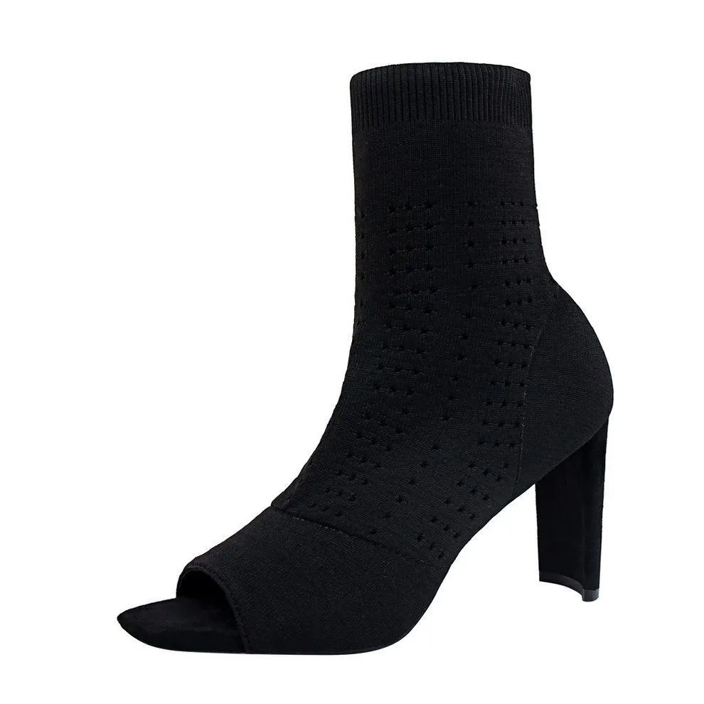 Chicvane Womens Mesh Woolen Peep Toe Chunky Heel Mid Calf Boots
