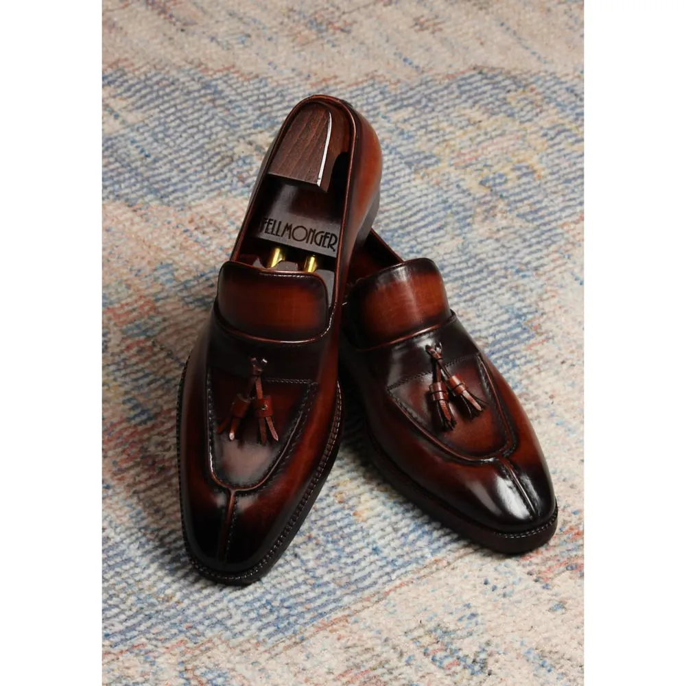 Cognac Mirror Glossed Check Pattern Patina Tassel Loafers