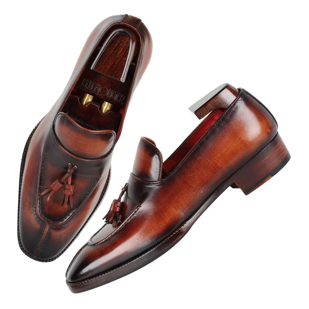 Cognac Mirror Glossed Check Pattern Patina Tassel Loafers