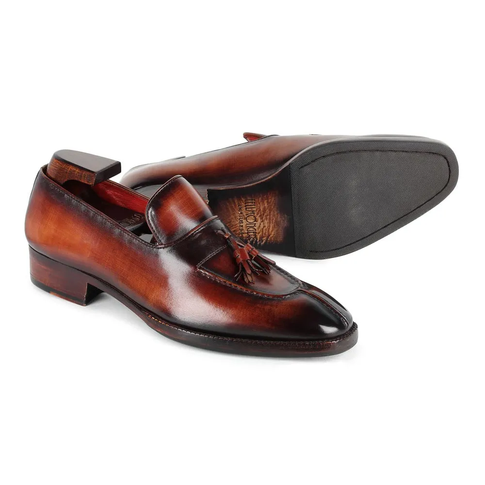 Cognac Mirror Glossed Check Pattern Patina Tassel Loafers