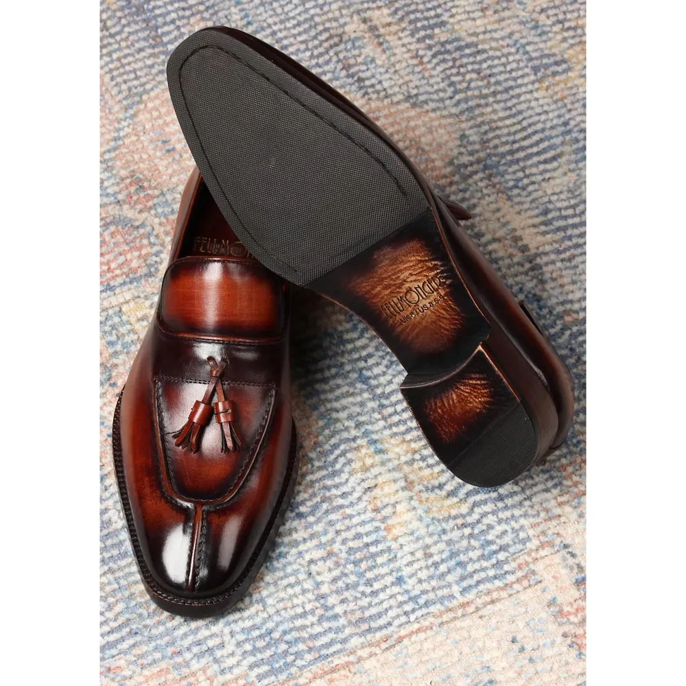 Cognac Mirror Glossed Check Pattern Patina Tassel Loafers