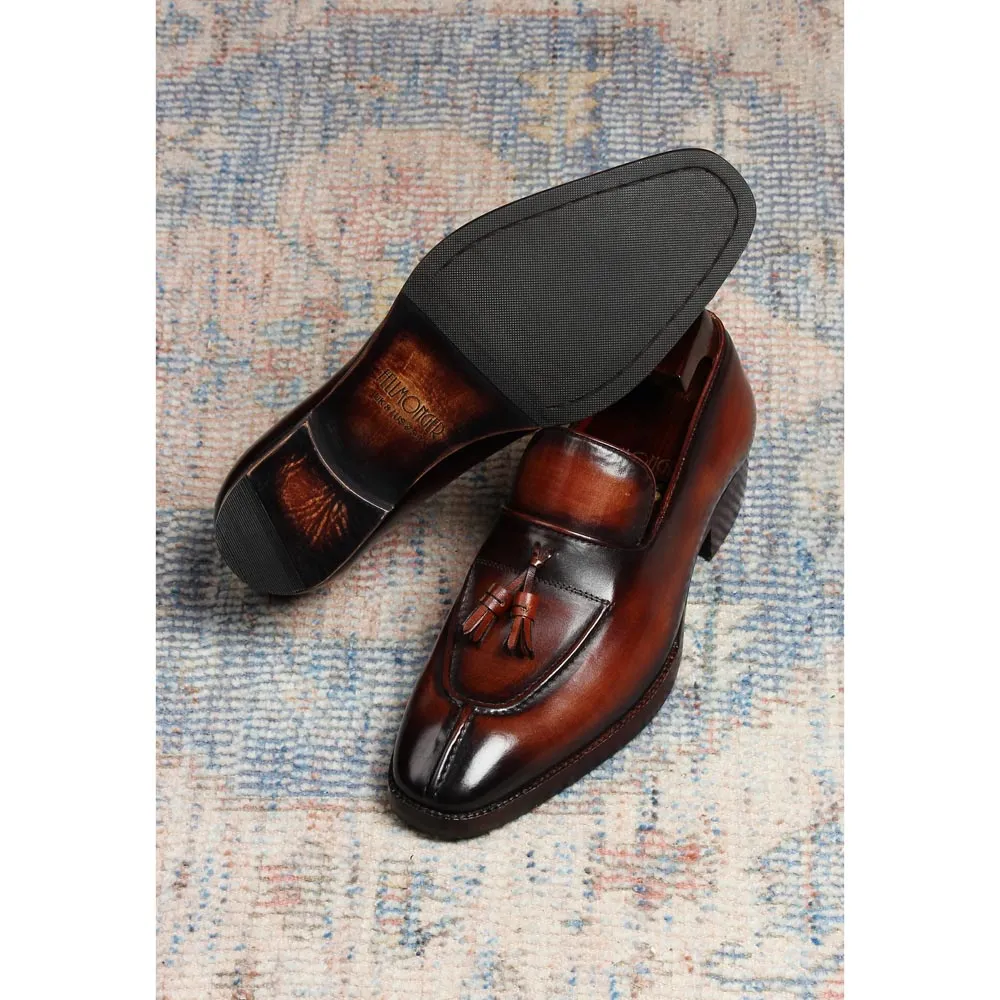 Cognac Mirror Glossed Check Pattern Patina Tassel Loafers