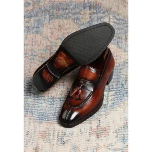 Cognac Mirror Glossed Check Pattern Patina Tassel Loafers