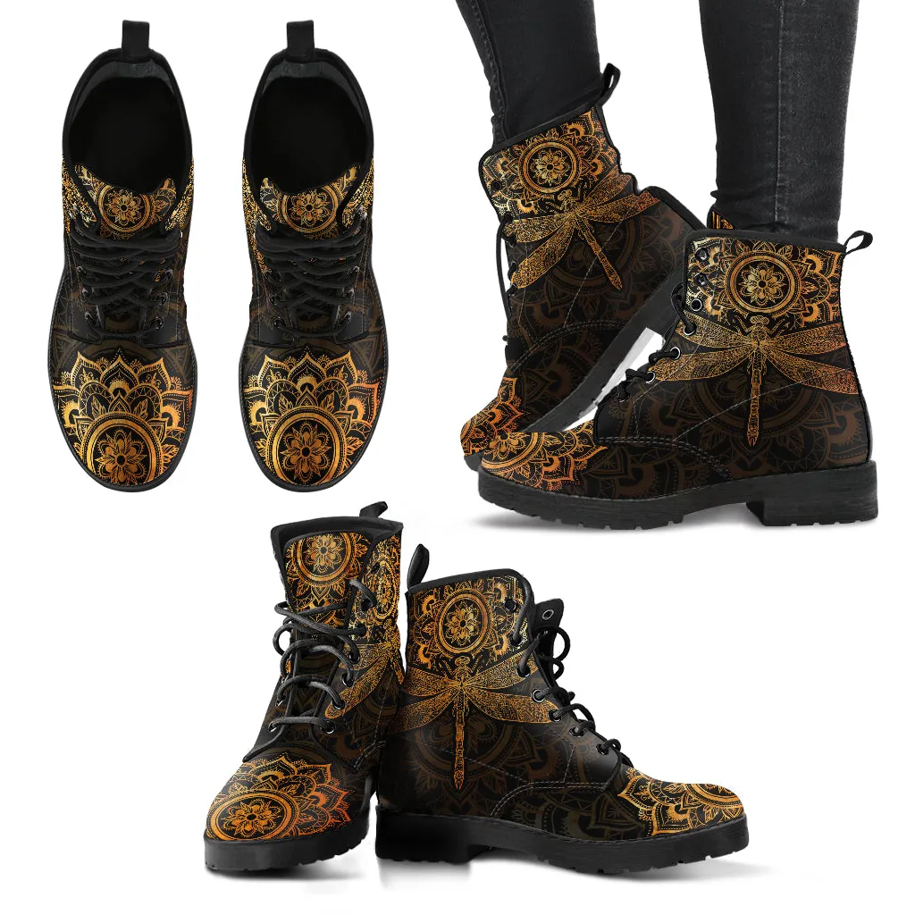 Combat Boots for Women - Mandala Dragonfly Rusty Gold Handcrafted Boots | Unique Custom Faux Leather Shoes, Cruelty-free Vegan Handmade Lace Up