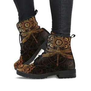 Combat Boots for Women - Mandala Dragonfly Rusty Gold Handcrafted Boots | Unique Custom Faux Leather Shoes, Cruelty-free Vegan Handmade Lace Up