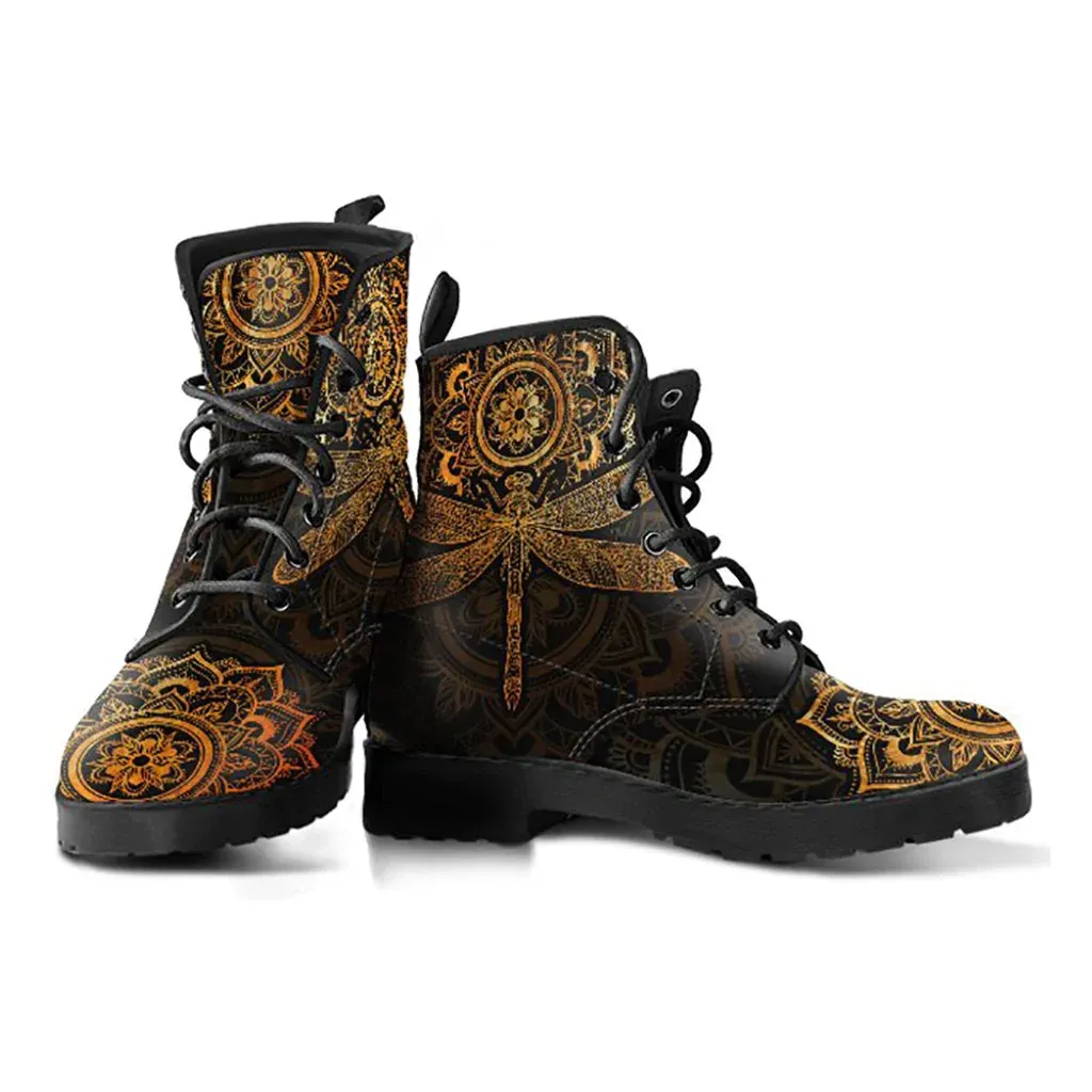 Combat Boots for Women - Mandala Dragonfly Rusty Gold Handcrafted Boots | Unique Custom Faux Leather Shoes, Cruelty-free Vegan Handmade Lace Up