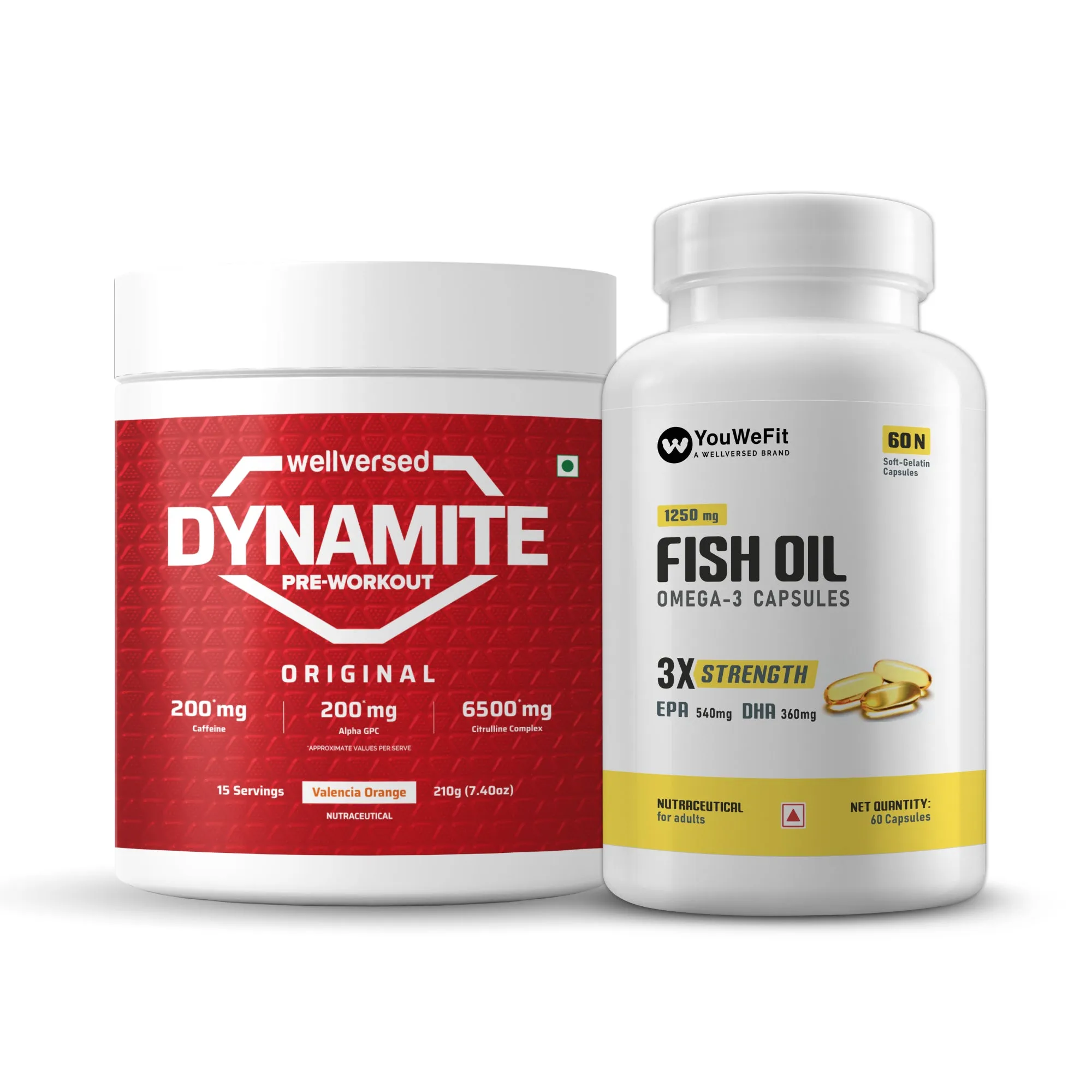 Dynamite Pre-workout (15 Servings, Valencia Orange)   YouWeFit Triple Strength Fish Oil (60 Capsules) | Power & Recovery | For Men & Women