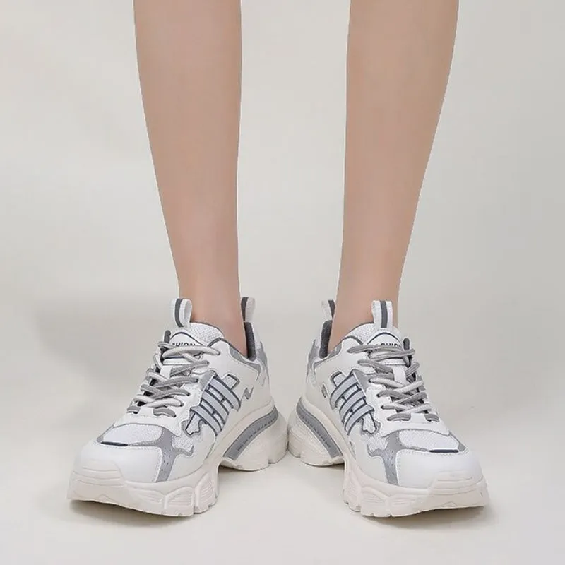 Genuine Leather Monochromatic Theme Air Mesh Sneakers