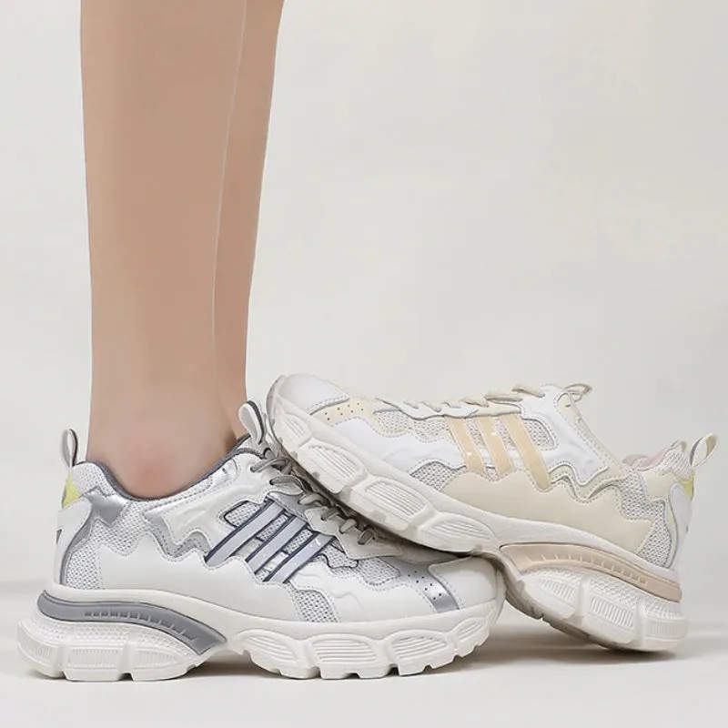 Genuine Leather Monochromatic Theme Air Mesh Sneakers