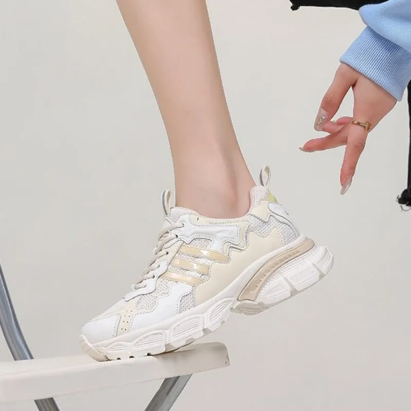 Genuine Leather Monochromatic Theme Air Mesh Sneakers