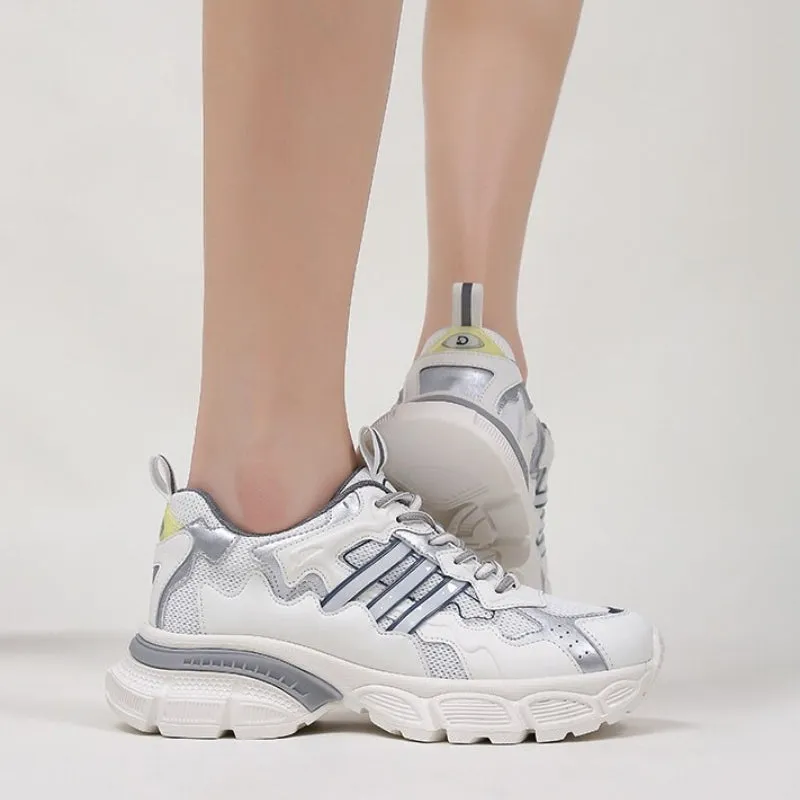 Genuine Leather Monochromatic Theme Air Mesh Sneakers