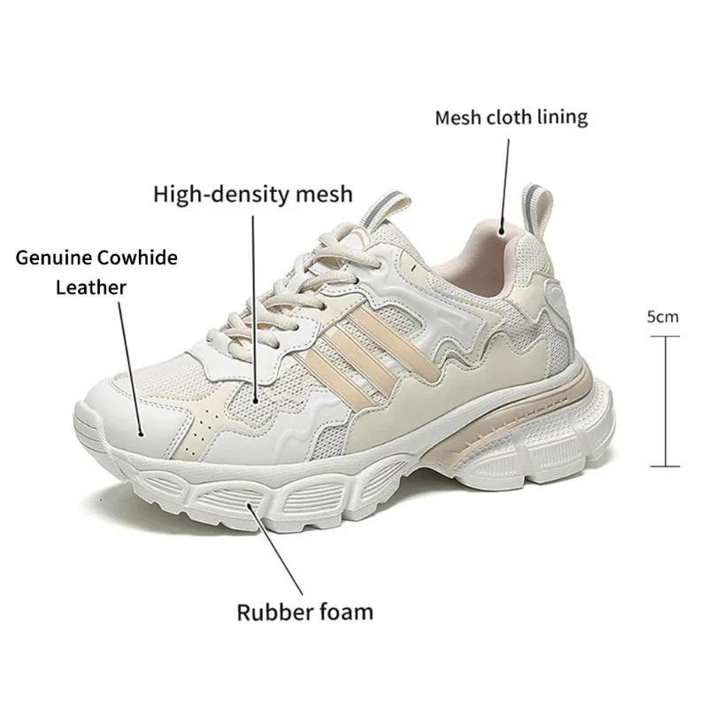 Genuine Leather Monochromatic Theme Air Mesh Sneakers