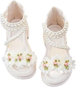 Girls' Sandals Summer Flowers Pricness Pearl Dress Shoes Open Toe Ankle Strap Lightweight Beach Sandals For Toddler (White, 7.5 Toddler)
