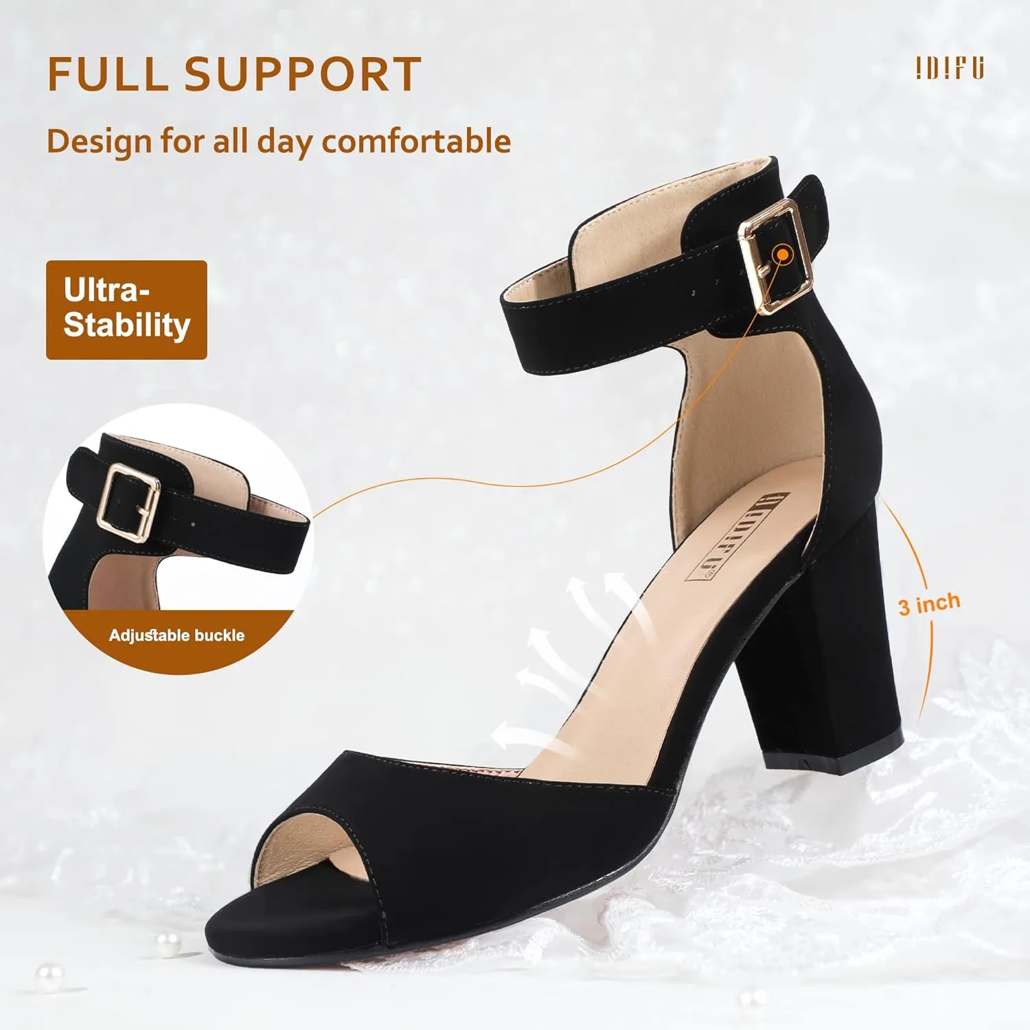 IDIFU Women's Candie-MI Peep Toe Low Block Heels Sandals Ankle Strap Comfy Chunky Wedding Dress Shoes