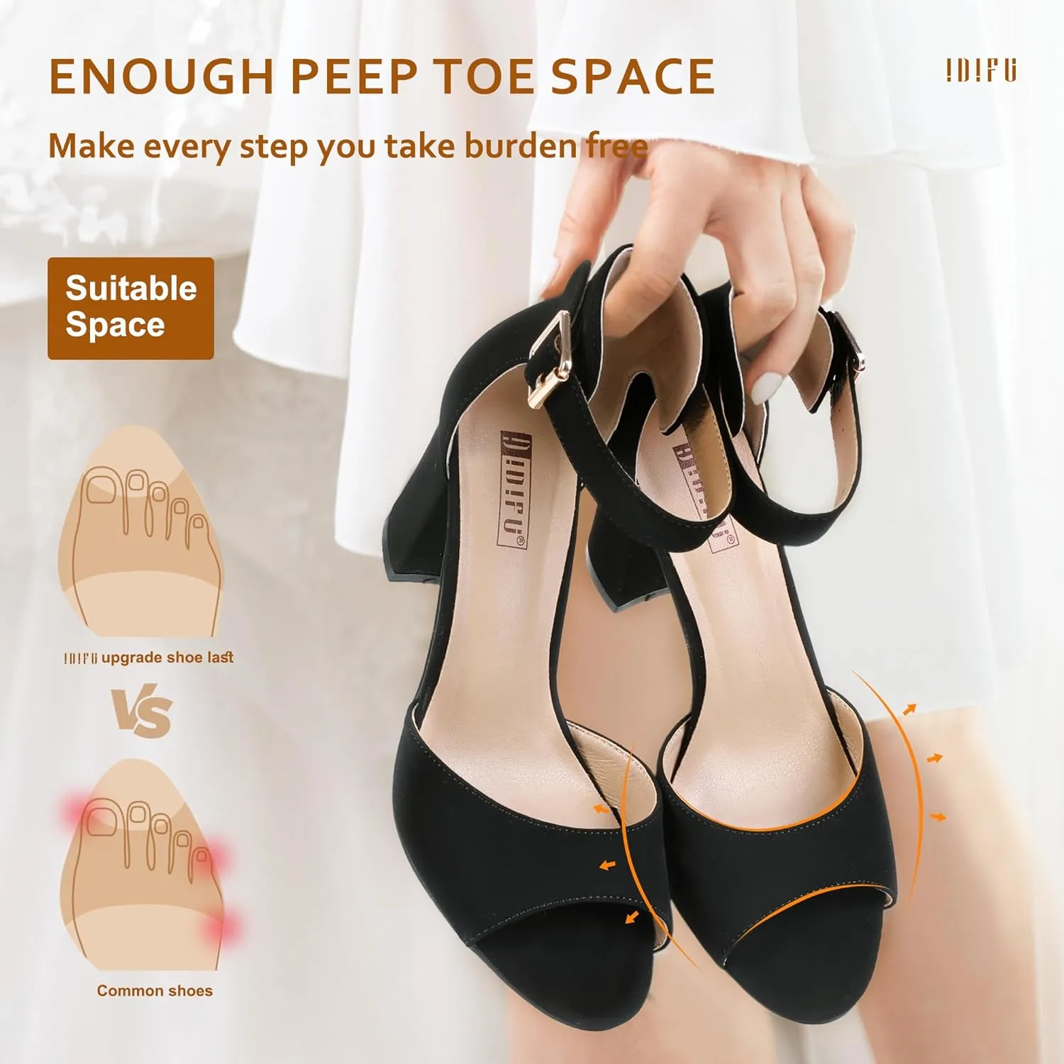 IDIFU Women's Candie-MI Peep Toe Low Block Heels Sandals Ankle Strap Comfy Chunky Wedding Dress Shoes