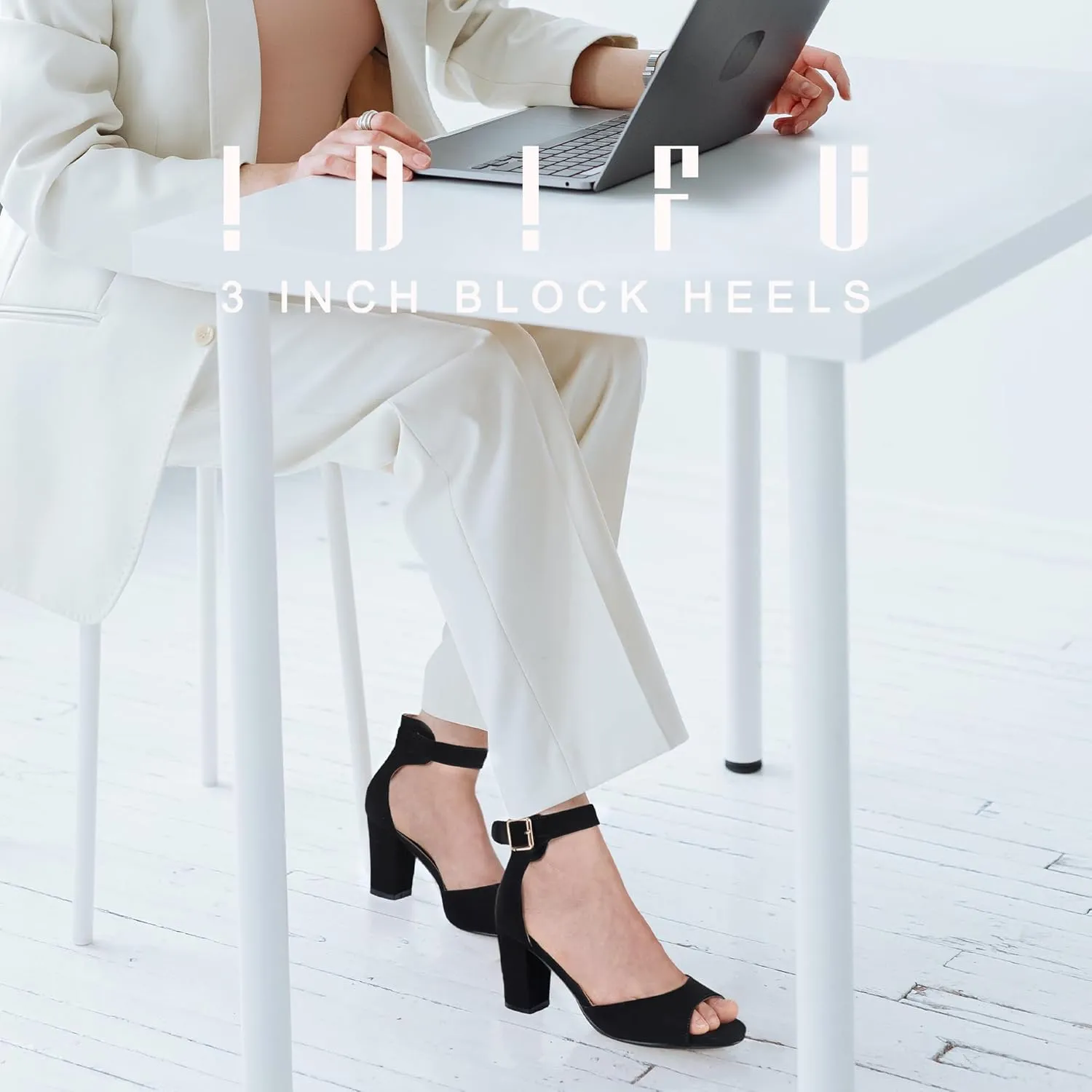 IDIFU Women's Candie-MI Peep Toe Low Block Heels Sandals Ankle Strap Comfy Chunky Wedding Dress Shoes