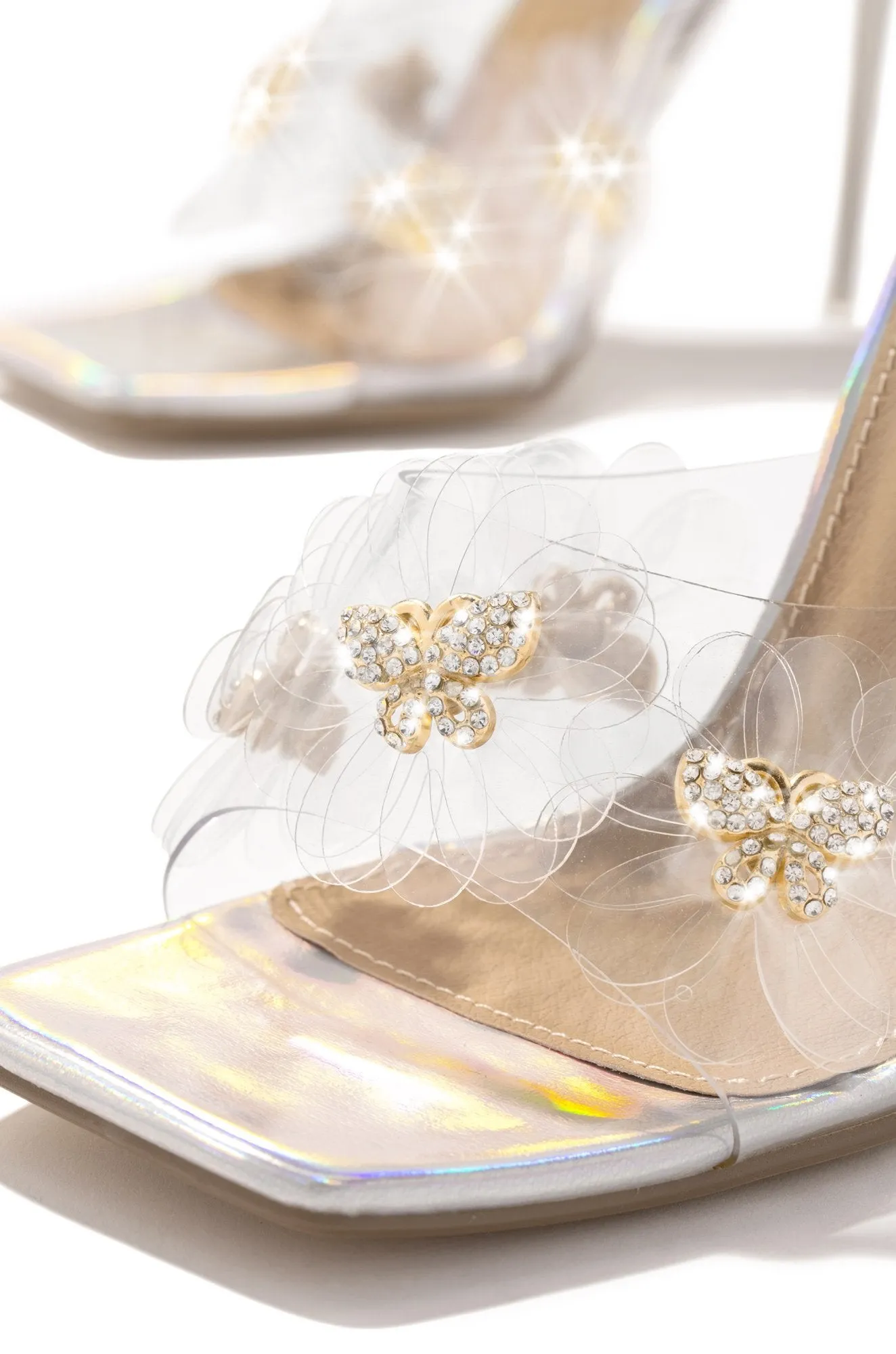 LuxeModa Secret Holo Diamond Butterfly Detail Square Peep Toe Heel Clear Mule