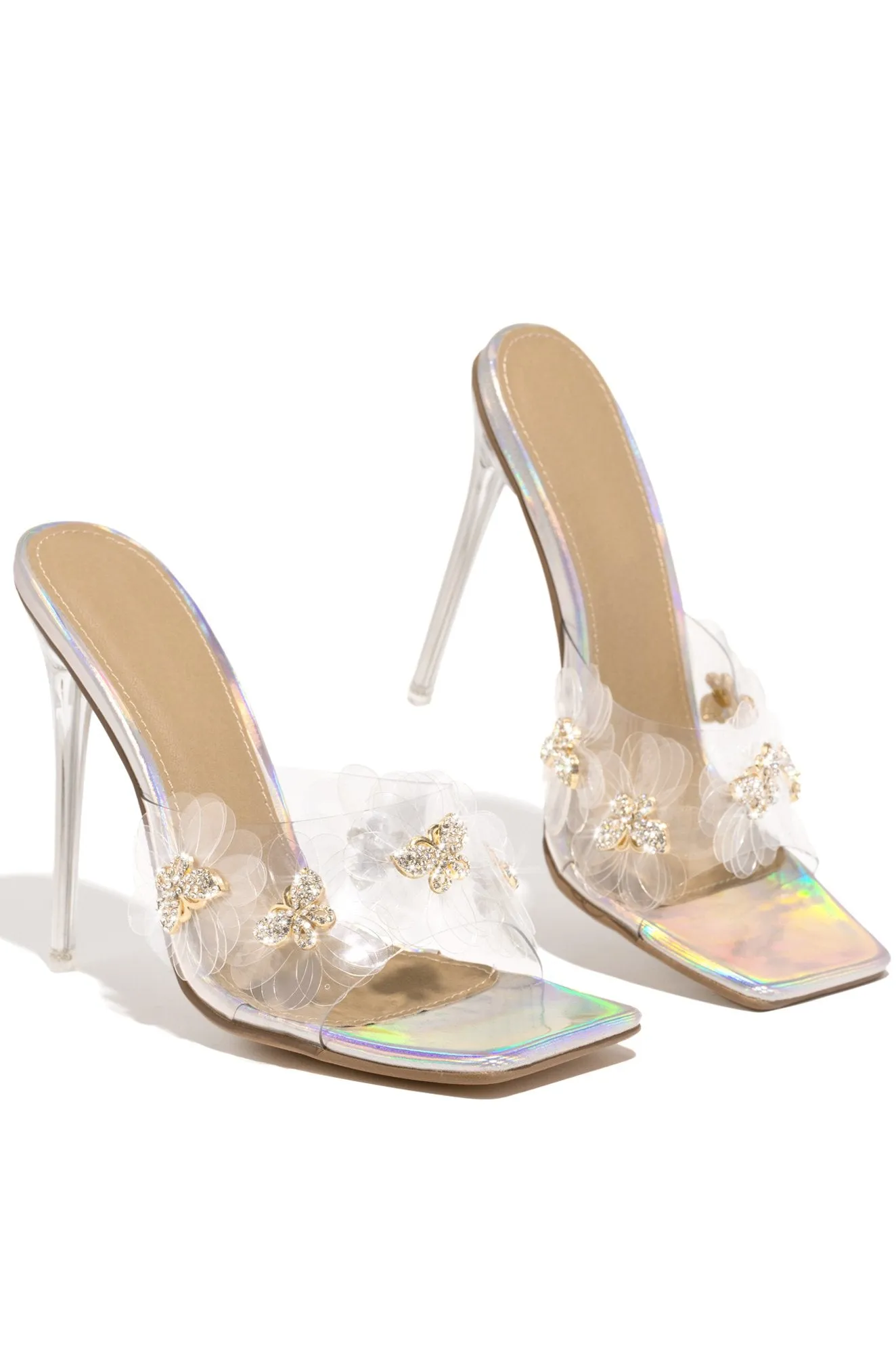 LuxeModa Secret Holo Diamond Butterfly Detail Square Peep Toe Heel Clear Mule