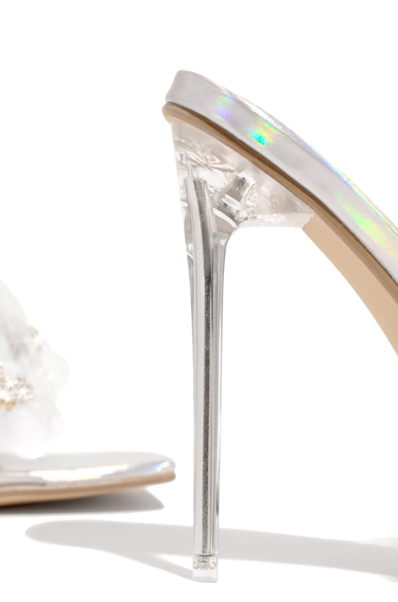 LuxeModa Secret Holo Diamond Butterfly Detail Square Peep Toe Heel Clear Mule
