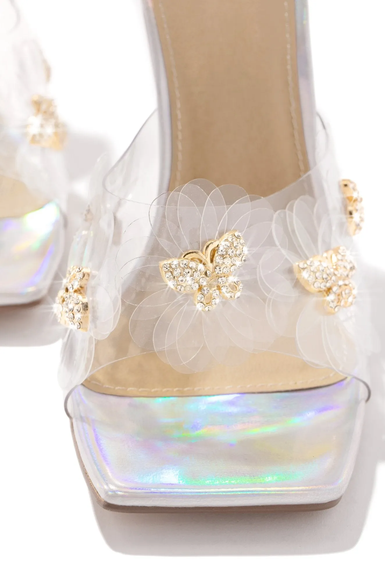 LuxeModa Secret Holo Diamond Butterfly Detail Square Peep Toe Heel Clear Mule