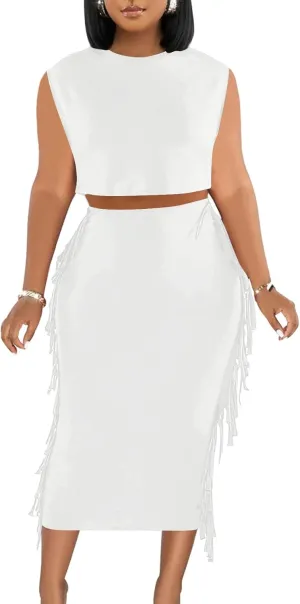 LYANER Women's 2 Piece Outfits Crewneck Fringe Sleeveless Crop Top and Tassel Trim Bodycon Midi Skirt Set