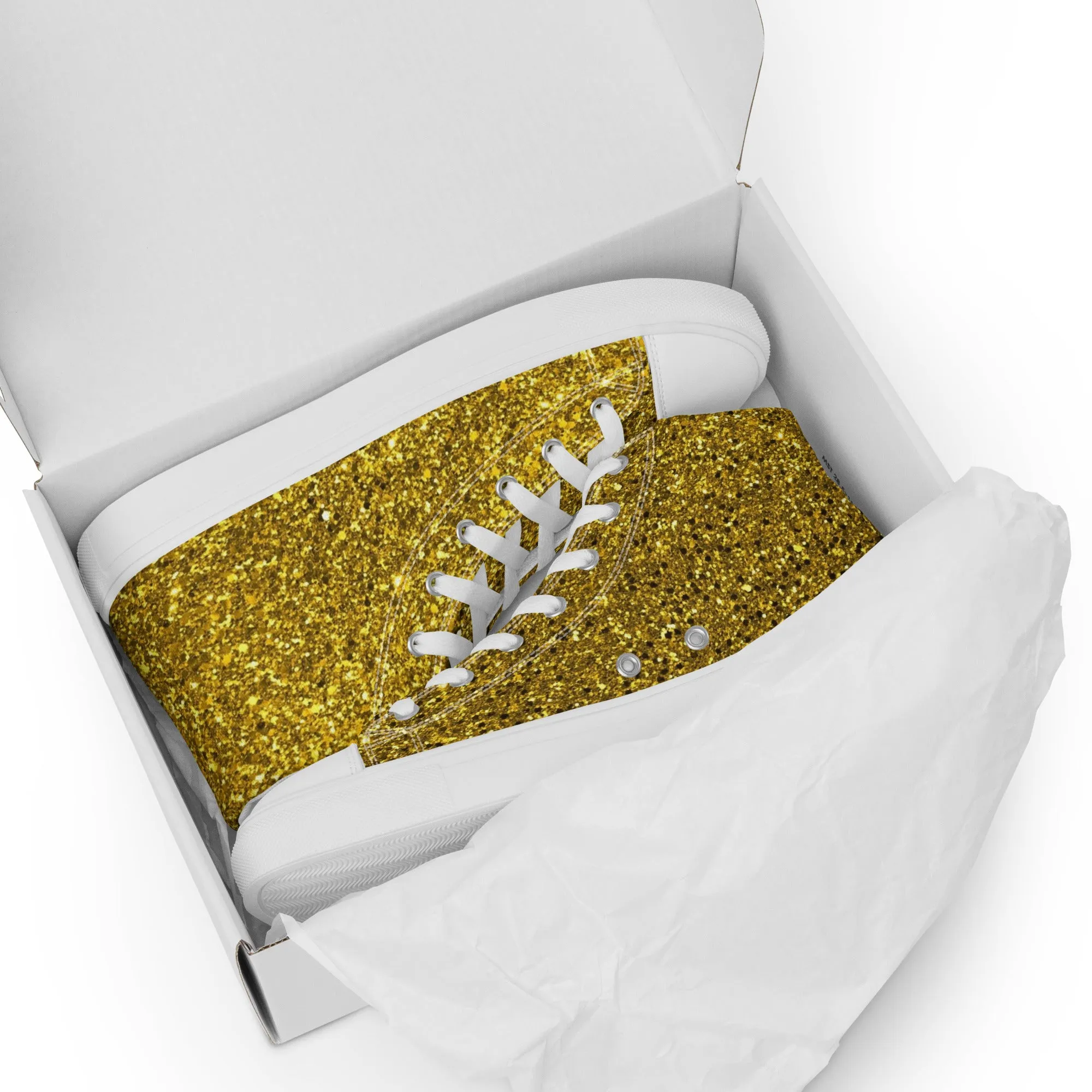 Men’s Gold Glitter Print high top canvas shoes, Gold Glitter Fashion Sneakers, Shoe Lover Gift
