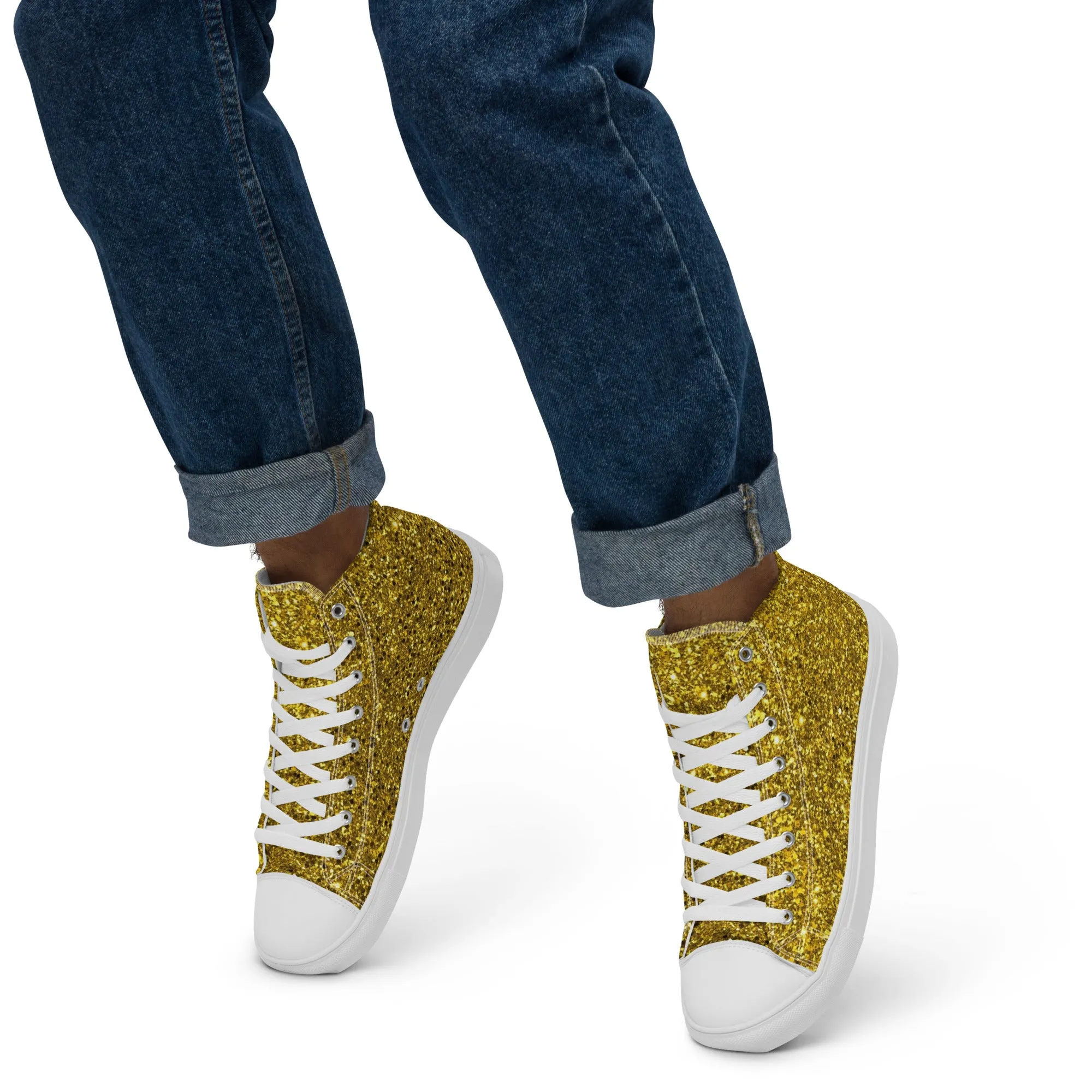 Men’s Gold Glitter Print high top canvas shoes, Gold Glitter Fashion Sneakers, Shoe Lover Gift