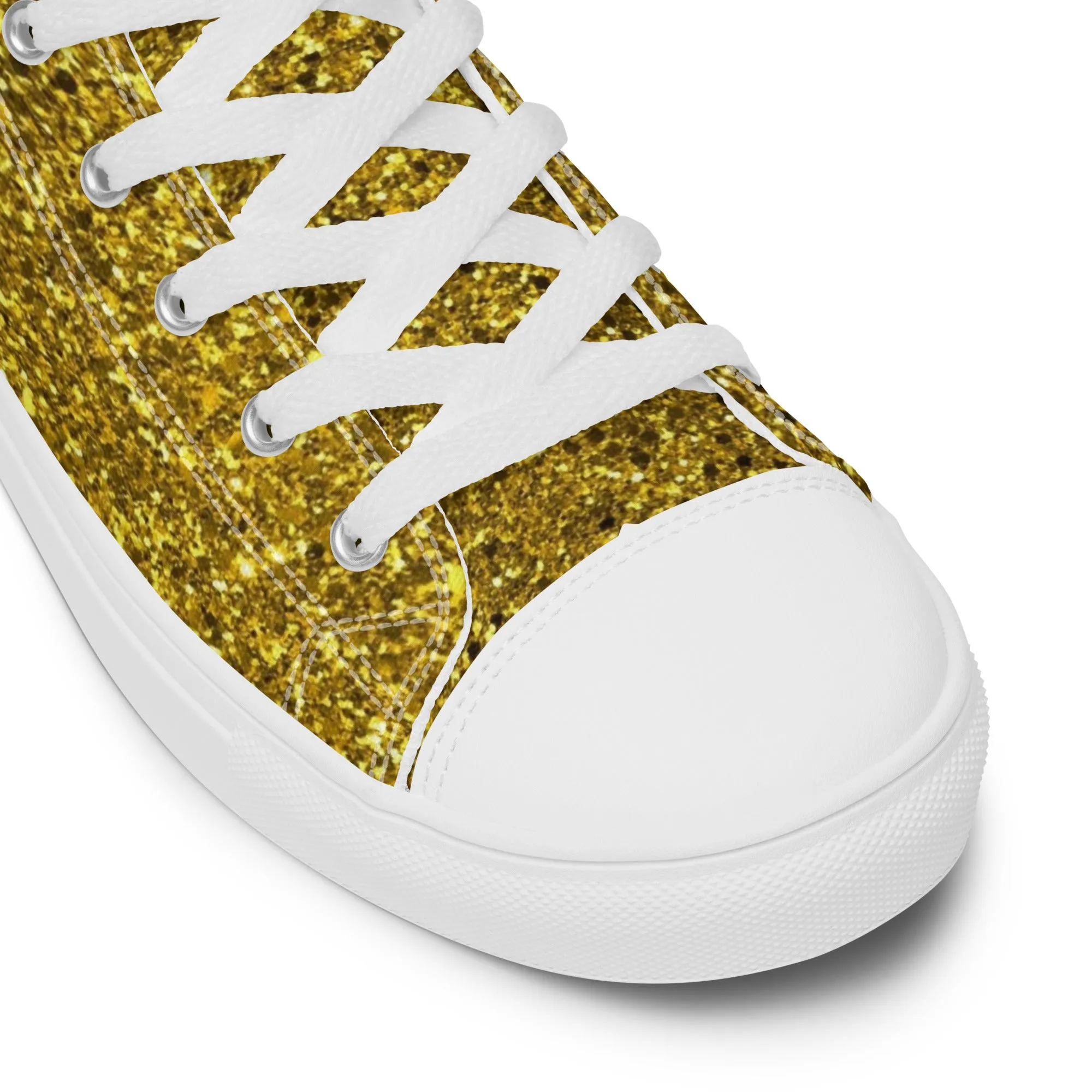 Men’s Gold Glitter Print high top canvas shoes, Gold Glitter Fashion Sneakers, Shoe Lover Gift