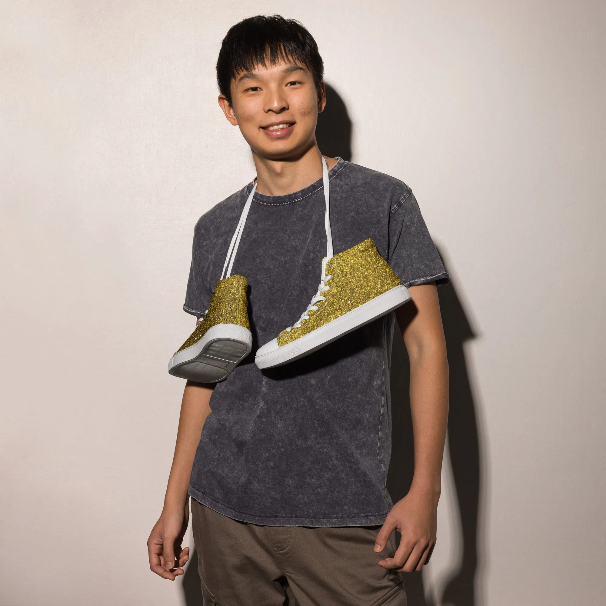 Men’s Gold Glitter Print high top canvas shoes, Gold Glitter Fashion Sneakers, Shoe Lover Gift