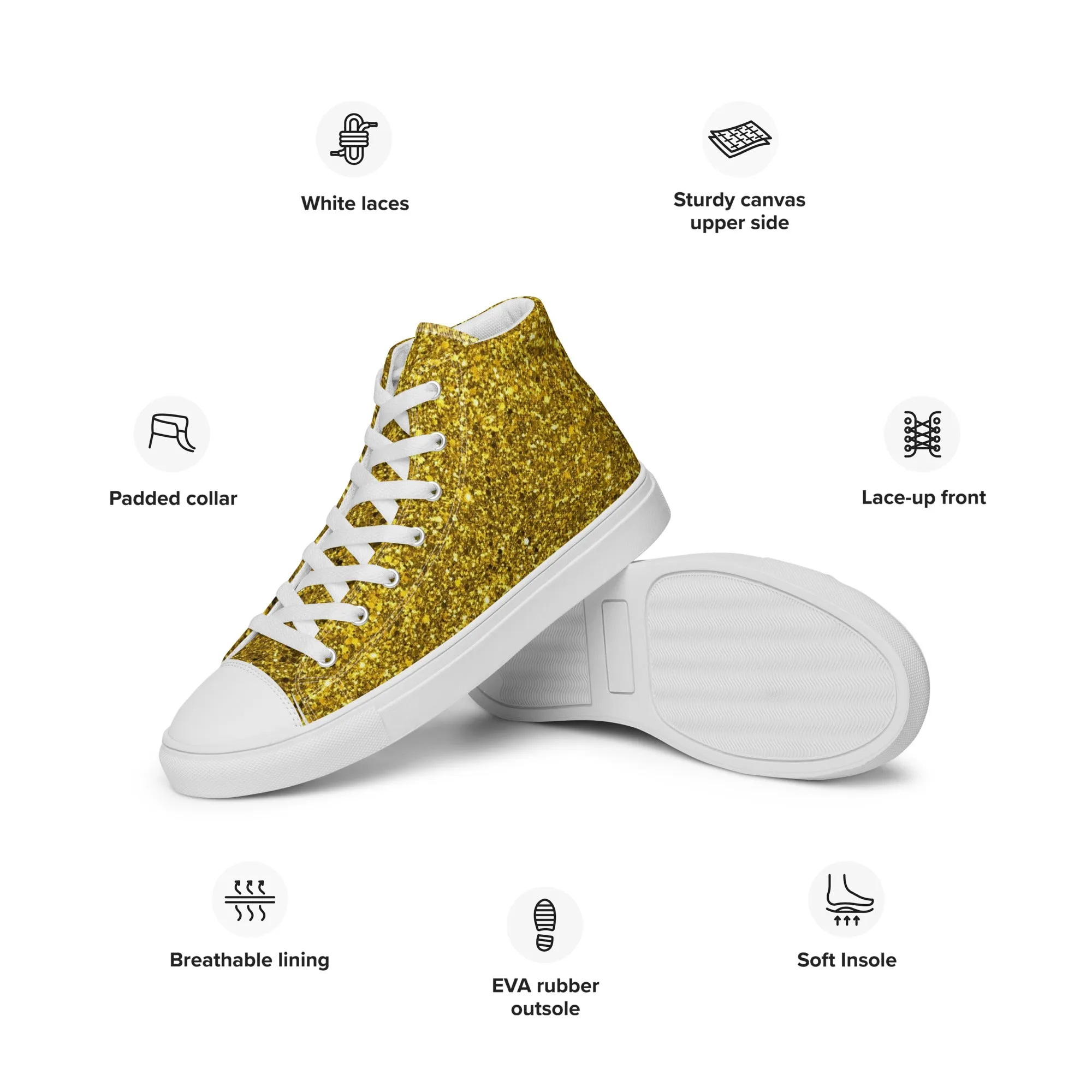 Men’s Gold Glitter Print high top canvas shoes, Gold Glitter Fashion Sneakers, Shoe Lover Gift
