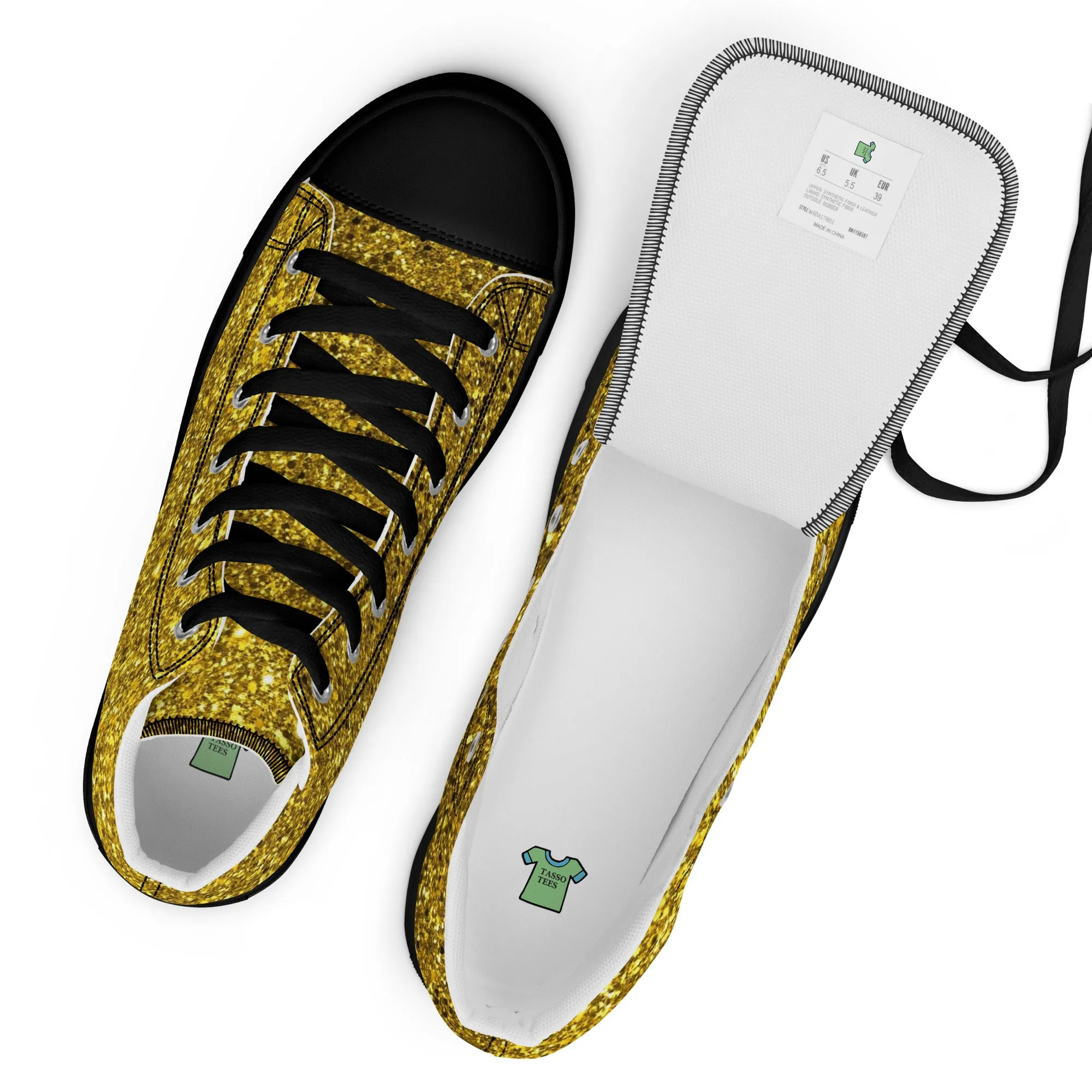 Men’s Gold Glitter Print high top canvas shoes, Gold Glitter Fashion Sneakers, Shoe Lover Gift