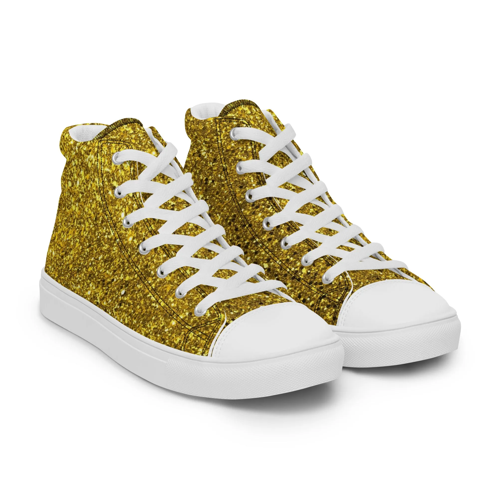 Men’s Gold Glitter Print high top canvas shoes, Gold Glitter Fashion Sneakers, Shoe Lover Gift