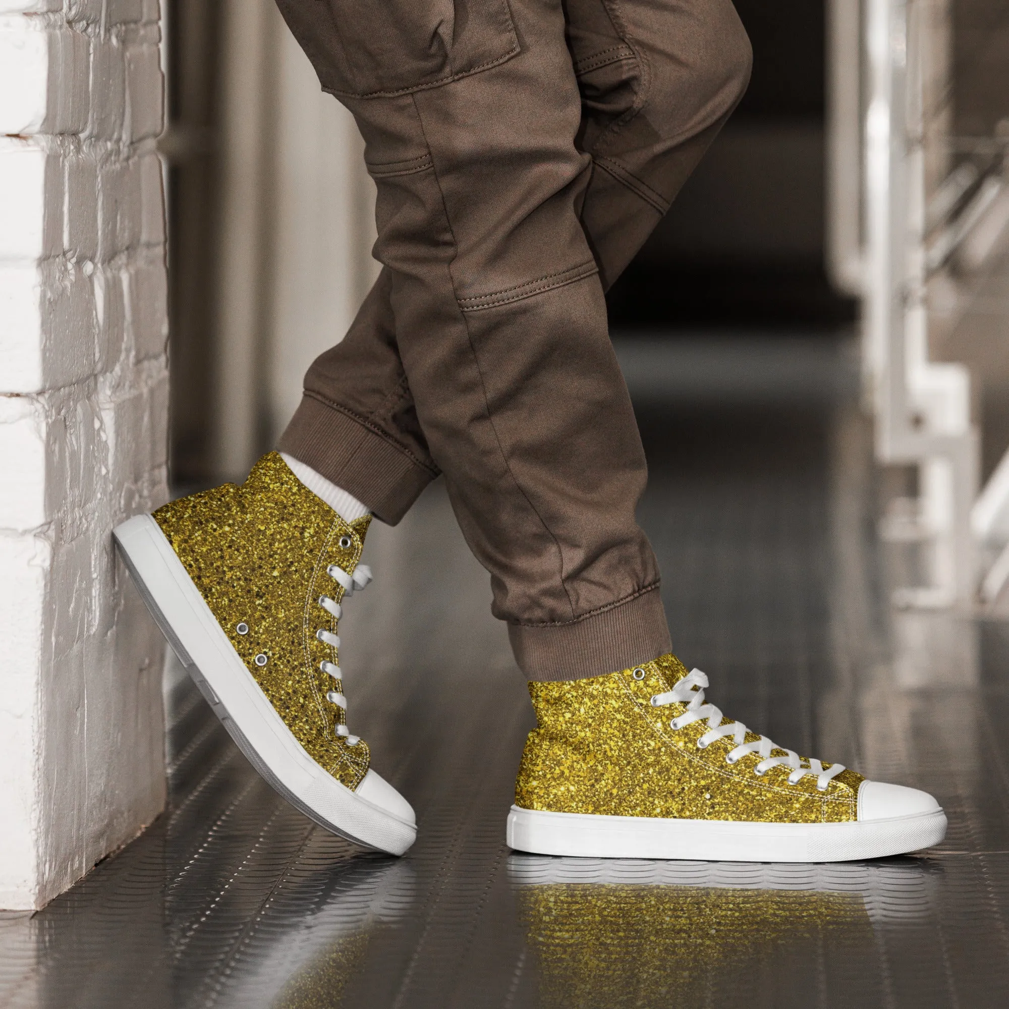 Men’s Gold Glitter Print high top canvas shoes, Gold Glitter Fashion Sneakers, Shoe Lover Gift
