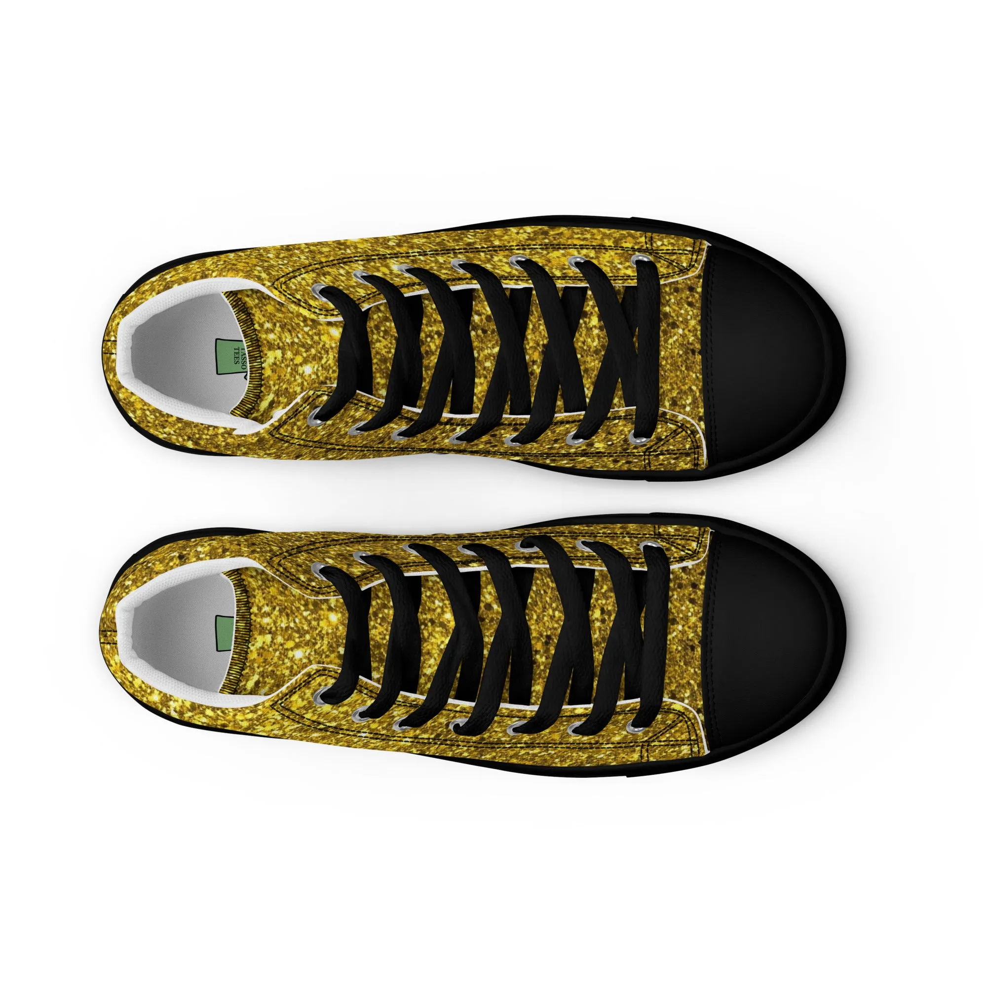 Men’s Gold Glitter Print high top canvas shoes, Gold Glitter Fashion Sneakers, Shoe Lover Gift