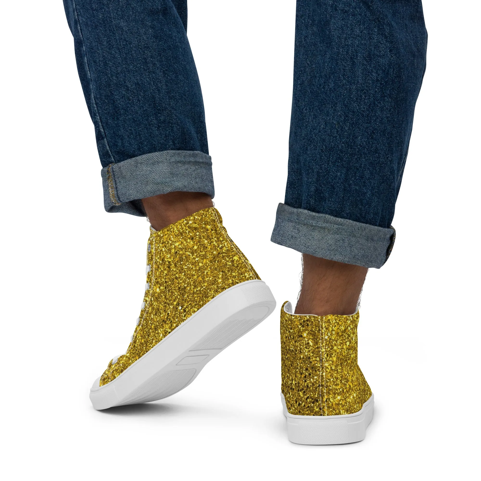 Men’s Gold Glitter Print high top canvas shoes, Gold Glitter Fashion Sneakers, Shoe Lover Gift